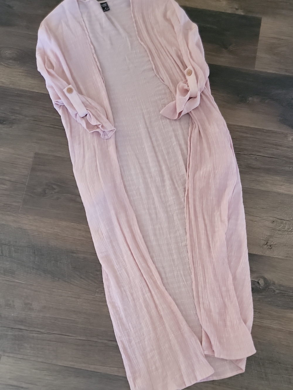 Light Pink Long Open-Front Swim Coverup with Roll-Tab Sleeves